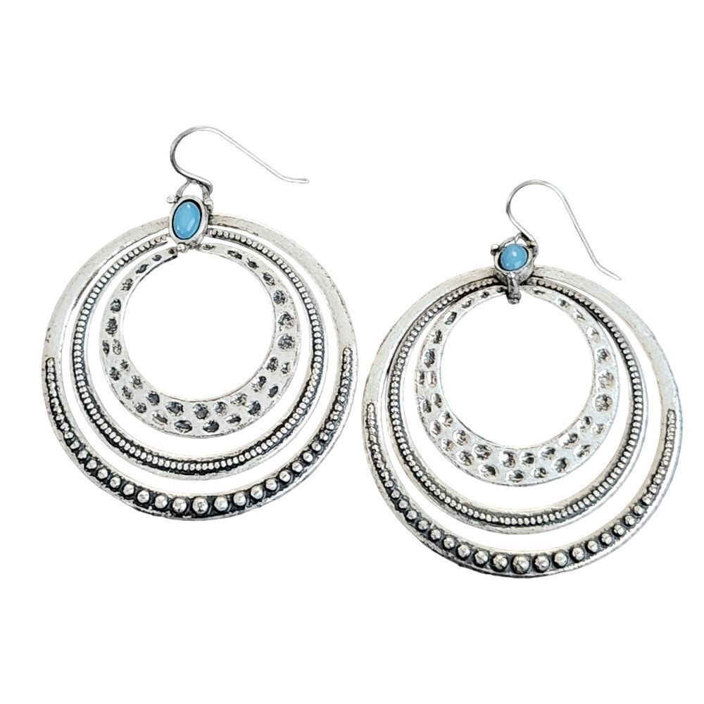Pierced Earrings 3 Ring Silver Color Turquoise Stone Drop Circles